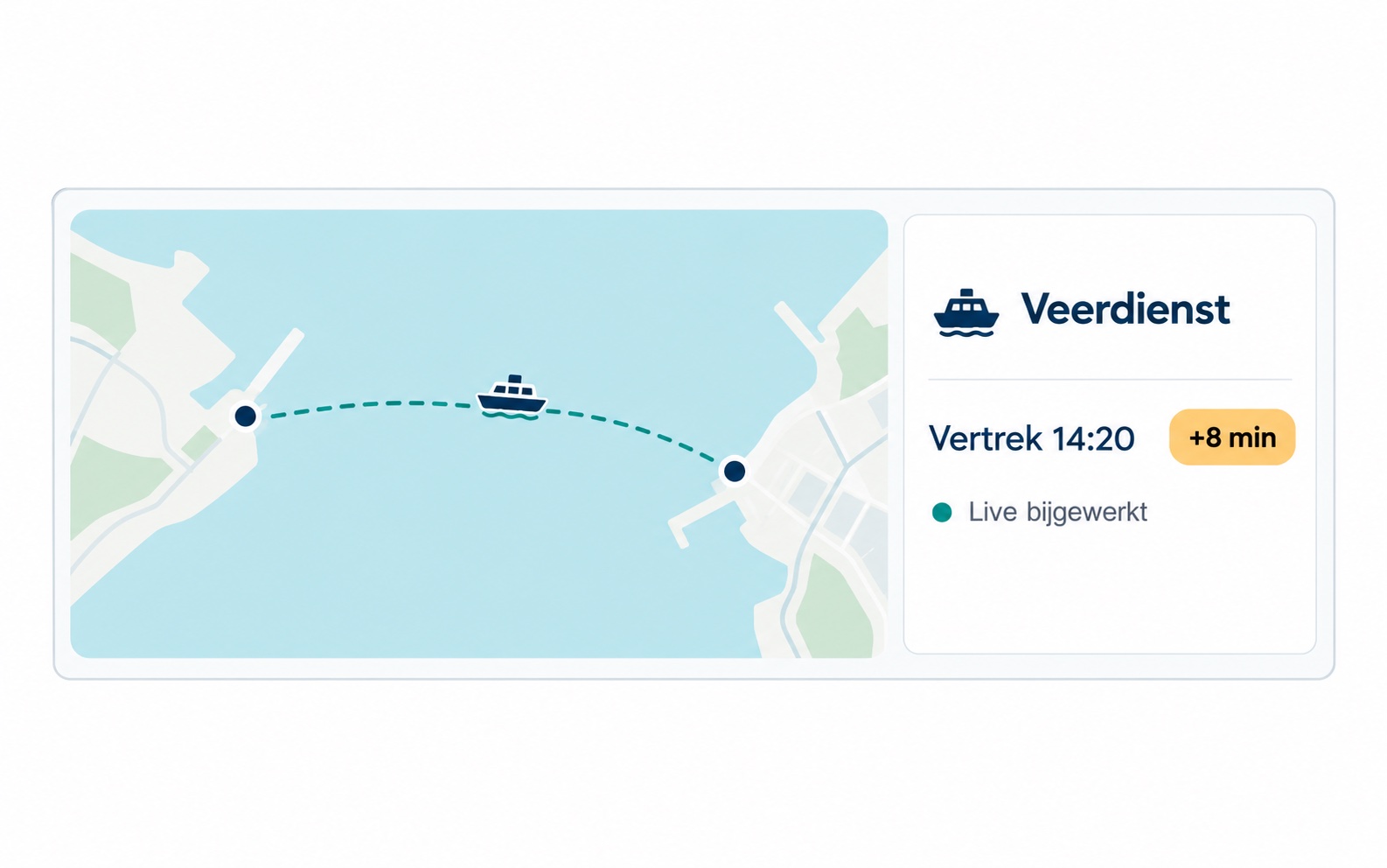 Illustratie van een veerdienst in een reisplanner met vertrek om 14:20 en acht minuten vertraging, live bijgewerkt