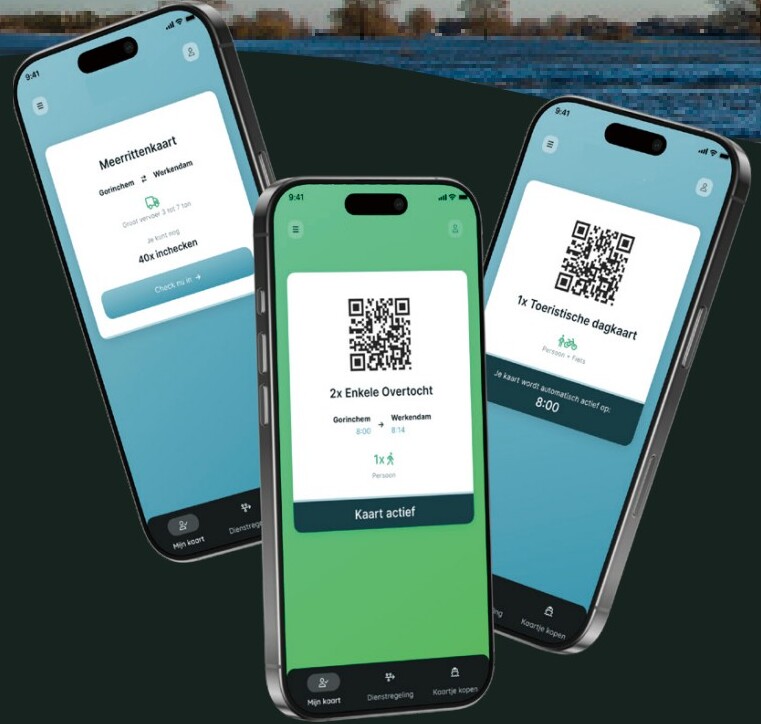 Drie smartphones met de Ferryon ticket-app: meerrittenkaart, enkele overtocht en toeristische dagkaart