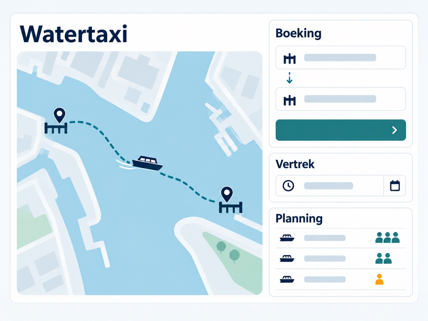 Ferryon-overzicht voor een watertaxiboeking, vertrek en planning tussen twee aanlegplaatsen